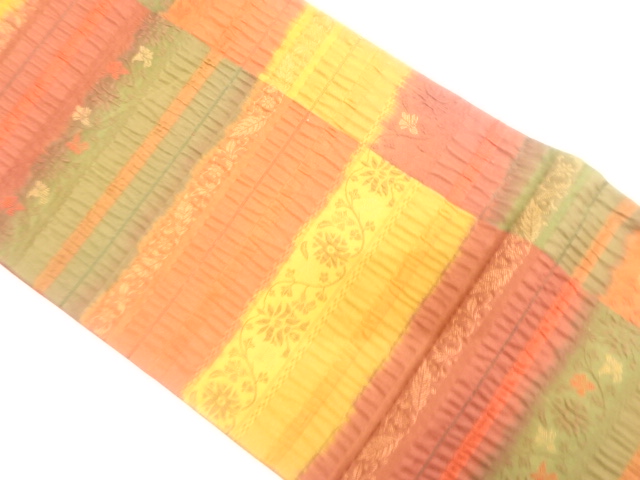 アンティーク　変わり織　横段に花模様織り出し全通袋帯（材料）